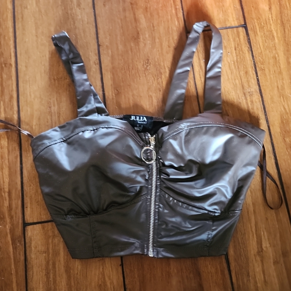 Brown Leather Zip up Corset Crop Top